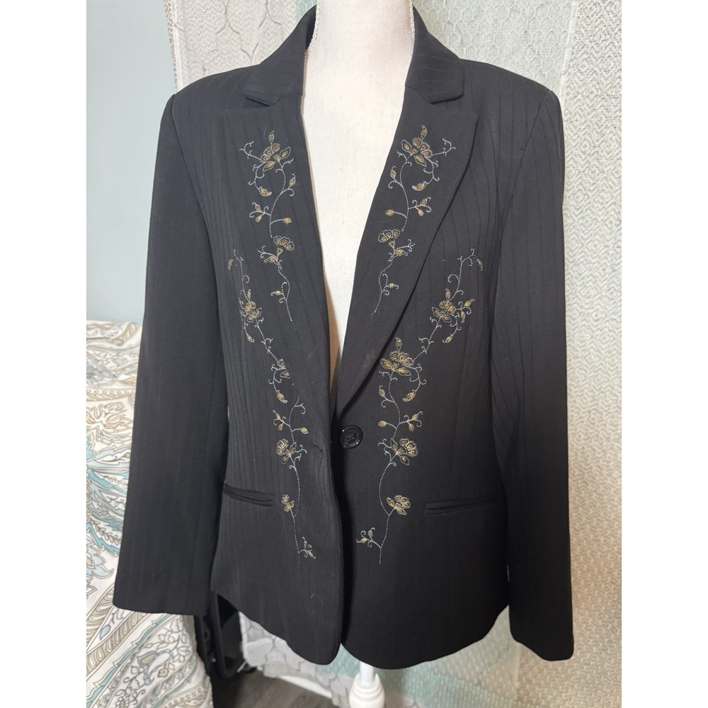 DLG Size 12 Rayon Blend Tailored Blazer Suit Jacket Black Pin Stripe Embroidery
